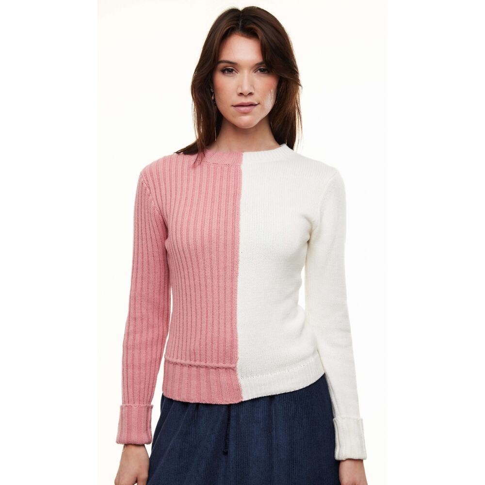 Olivvi NWT Chunky Two Tone Sweater Pink and Cream Vertical Split Design Size LG